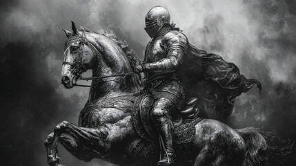 Fototapeta premium Medieval knight in full armor riding a rearing horse, showcasing intricate vintage engraving details — sketch-style engraving, scratchboard imitation, black and white illustration