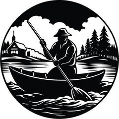Vintage Woodcut Illustration: Man Rowing Boat on Lake with Church & Trees. Classic Black & White Nautical Scene Artwork