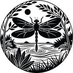 Dragonfly Silhouette Art: Vector Image of Insect Over Water, Nature Illustration in Black and White, Circular Design for Print & Web
