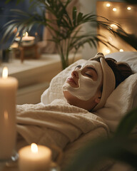 Woman relaxing with a face mask in a peaceful spa setting
