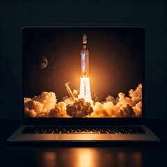 Rocket Launch Displayed on Laptop Screen at Night