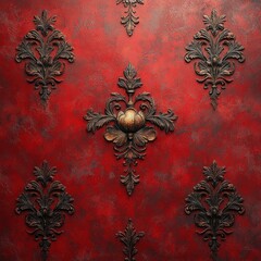 Ornate vintage red floral wallpaper with baroque pattern aged textured background