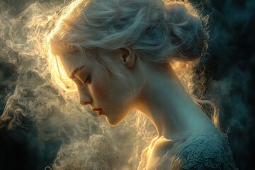 Praying young Asian Muslim man with beard in side profile illuminated by soft dramatic light with dark background and subtle fog