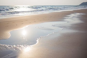 Serene beach landscape at sunset coastal location nature photography tranquil environment wide angle natural beauty