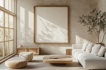 Minimalist living room with a large framed canvas, a white sofa, and wooden furniture, bathed in natural light