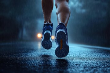 Close-up of young man running legs on street at night with fog and dramatic lighting