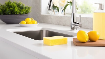 Bright kitchen scene featuring a sponge, fresh lemons, and a modern sink with plants