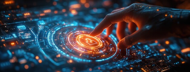 Cybersecurity digital interface with glowing lock icon and hand interacting on futuristic holographic screen in neon blue cyberpunk environment