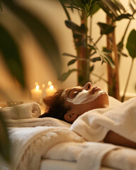 Woman relaxing with a face mask in a peaceful spa setting
