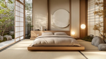 Serene bedroom features japanese minimalist design and calming garden view