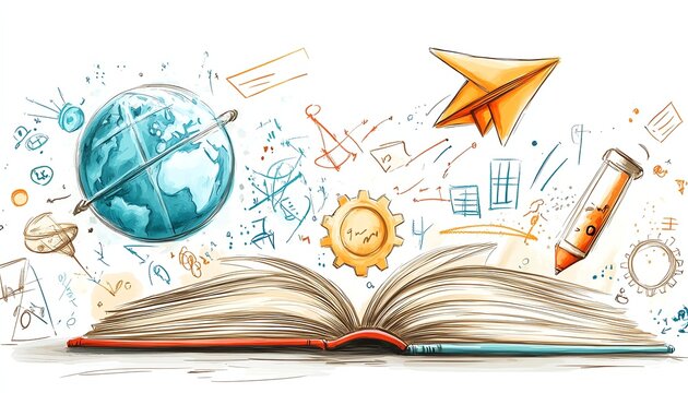 Minimal white background with colorful 3D handdrawn education and science symbols, book, paper plane, globe, equations, and gears, imaginative learning design