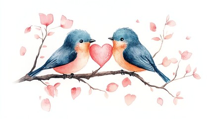 Two birds sharing a heart on a blossoming branch.