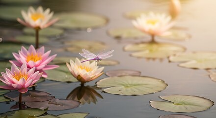 Dragonfly Flying Near Lotus Flowers on Pond Water