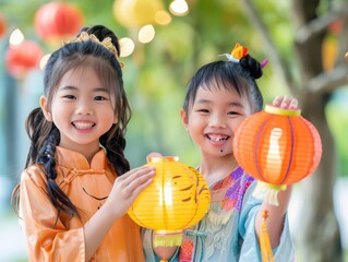 Children celebrating lunar new year with tiger-themed lanterns bright outdoor setting joyful atmosphere
