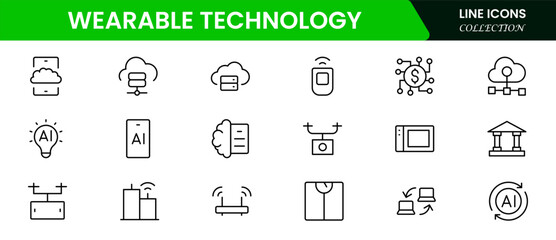 Vector icon for wearable technology. Depicts various wearable devices designed for fitness tracking, communication, and health monitoring.