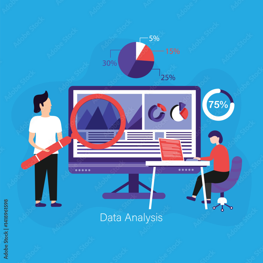 Poster analysis data with a magnifying glass in front of the computer screen