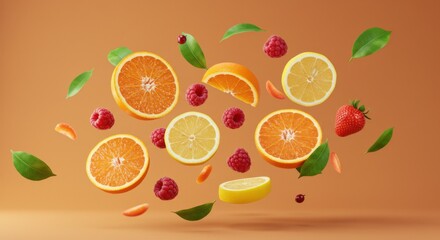 Floating Citrus Fruits and Berries on Orange Background