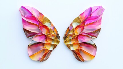 Abstract butterfly wings made of vibrant, overlapping shapes in shades of pink, orange, and gold, spreading open on a clean white background.
