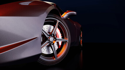 3D rendering of modern sport car wheel with drilled brake disc..
