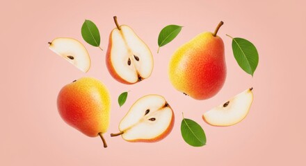 Floating Red And Yellow Pears With Green Leaves On Pink Background