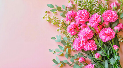 Fototapeta premium ピンクの背景にカーネーションの花束が置かれたフラットレイ（文字なし）