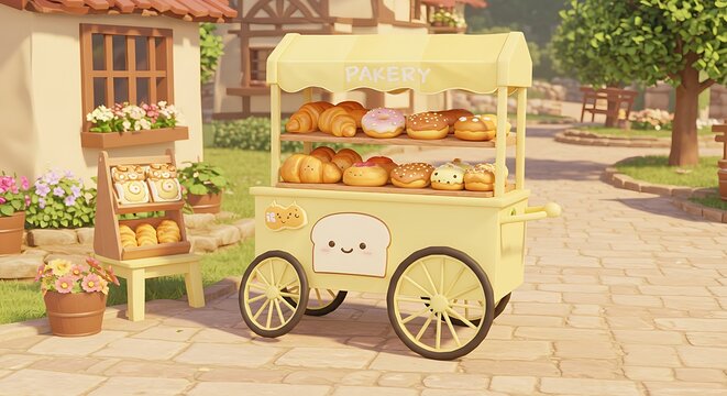 Pastries Displayed on Cart in Outdoor Bakery Setting