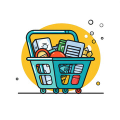 A colorful shopping basket filled with various groceries and household items, set against a vibrant yellow background, suggesting a lively shopping experience , isolated on white or transparent png