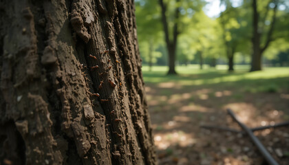 Obraz premium Exploring the texture and details of tree bark in a serene park setting