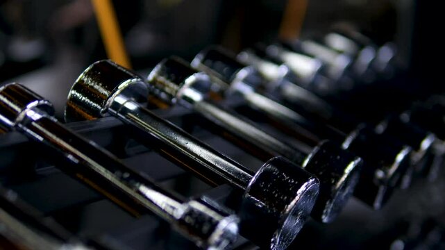 streams through large windows, lighting rows of kettlebells and dumbbells. Gym equipment neatly arranged, creating serene and organized workout space, unaltered, slow motion