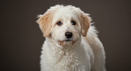 Fluffy Cream-Colored Puppy Portrait Against Brown Background