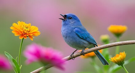 Singing Bird on Branch Among Colorful Flowers in a Meadow