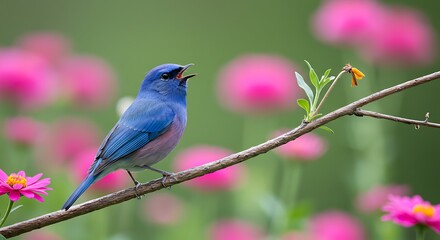 Obraz premium Singing Bird on Branch with Vibrant Flowers in Natural Setting