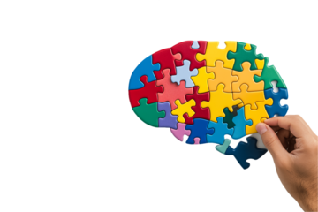 Colorful Brain Puzzle: Hand Completing Jigsaw on Transparent Background, PNG