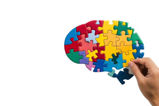 Colorful Brain Puzzle: Hand Completing Jigsaw on Transparent Background, PNG