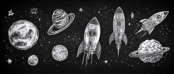 Whimsical and detailed chalkboard sketch of space and knowledge, planets, rockets, brain, and book, handdrawn concept for imaginative learning visuals