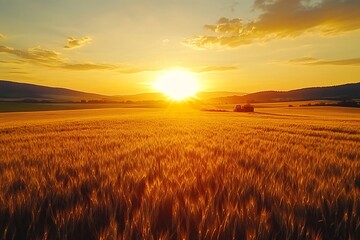 Obraz premium Golden wheat field sunset landscape, hills background, rural scene, nature photography