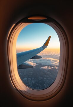 Fototapeta Morning flight with sunlight wing of plane over city view airplane flying above clouds blue sky scenic view from window commercial airline flight mechanics concept