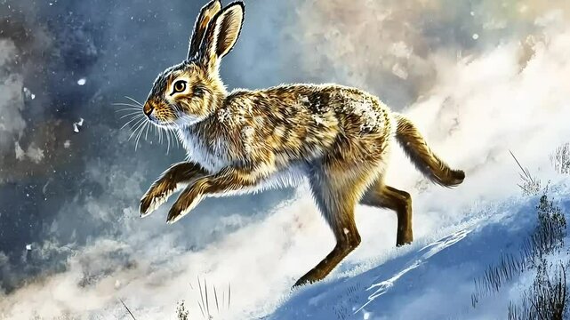 A lively hare leaping through a snowy landscape, showcasing its agility against a serene winter backdrop