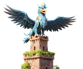 Majestic Guardian, A Blue Griffin Perched Atop an Ancient Stone Tower in a fantastical Realm, Symbolizing Protection and Power in a Detailed Illustration
