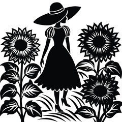 Silhouette Art: Woman in Sun Hat & Dress Amidst Sunflowers - Elegant Black & White Illustration, Floral Garden Scene