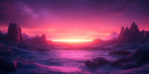 Neon Purple Alien Desert Night Sky Panorama Sci Fi Horizon Minimalist Futuristic Landscape Starry Cosmic Environment Map HDRI