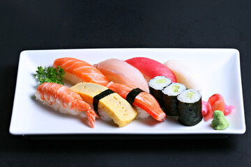 Sushi assortment, A combination of Sushi Vinegared rice and raw fish, Sushi Moriawase (Mixed Sushi Platter)