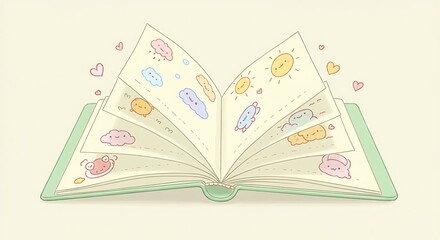 Open Storybook with Cute Drawings of Clouds, Suns, and Creatures