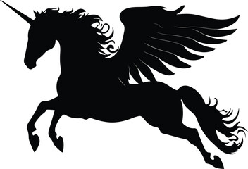 Fototapeta premium flying pegasus line art silhouette vector illustration, Flying unicorn silhouette icon. Clipart image isolated on background