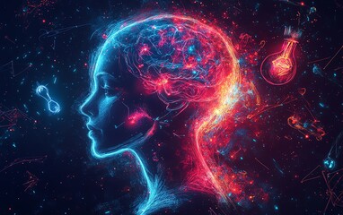 Chalkboard illustration with glowing lines of creative ideas surrounding a head silhouette and handdrawn lightbulb, representing knowledge, inspiration, and innovation