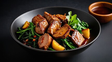 Fototapeta premium Sizzling glazed pork chunks with vibrant greens and a side of fluffy rice create a mouthwatering visual delight in this elegant black bowl presentation