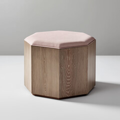 Octagonal Wooden Ottoman with Pink Upholstery