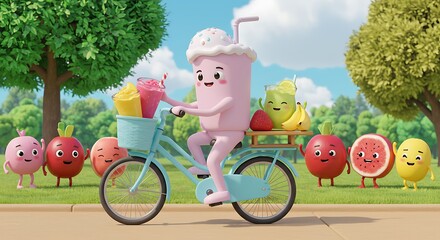 Cartoon Fruit Characters Riding Bicycle with Smoothies in the Park