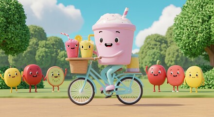 Smoothie Character Riding Bicycle Delivering Drinks to Fruit Friends