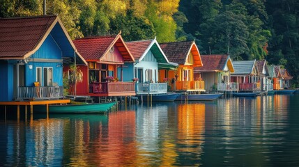 Obraz premium Vibrant Lakeside Houses: A Row of Colorful Waterfront Cottages Reflecting in Calm Waters